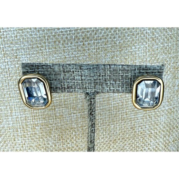 Givenchy Vintage Gold-Tone Crystal Stud Earrings Rectangular Clear Glass Rhinest - Picture 1 of 13